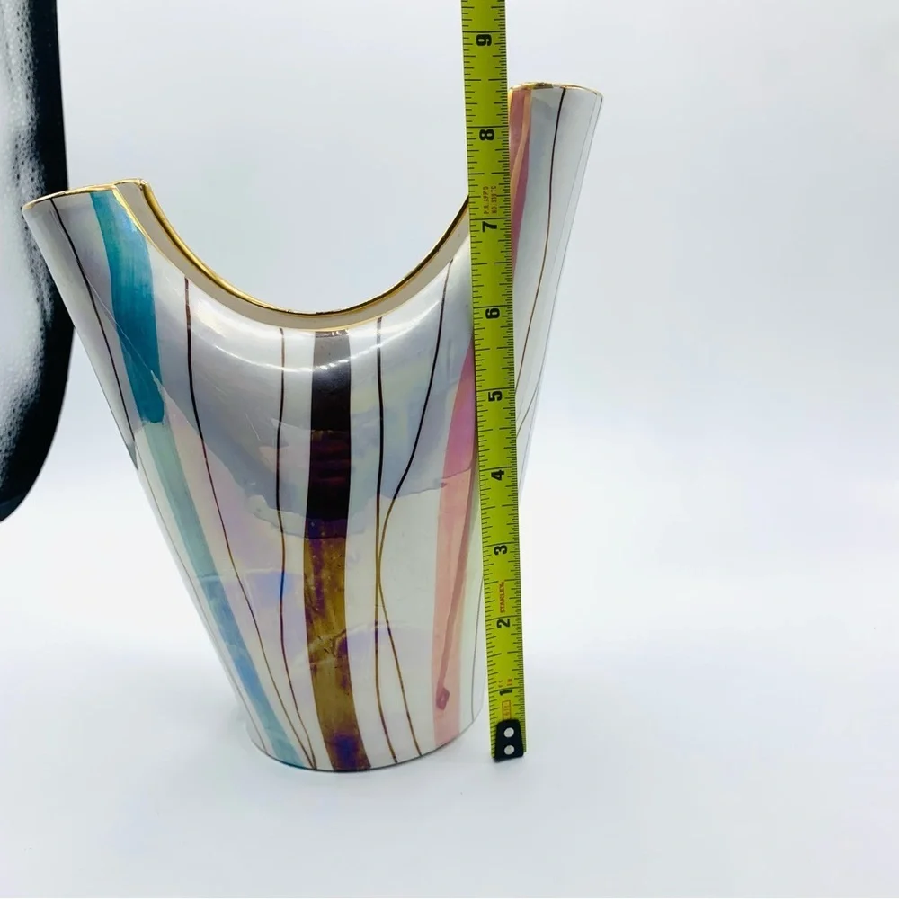 Vintage MCM Italian Iridescent Striped Vase with Gold Trim – 8.5”